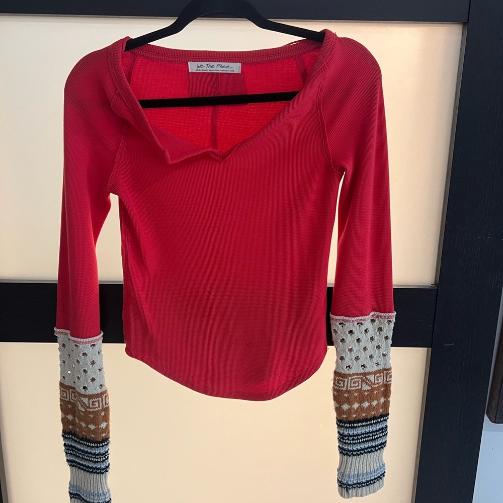 We The Free Asymmetrical Red Long Sleeve Blouse
